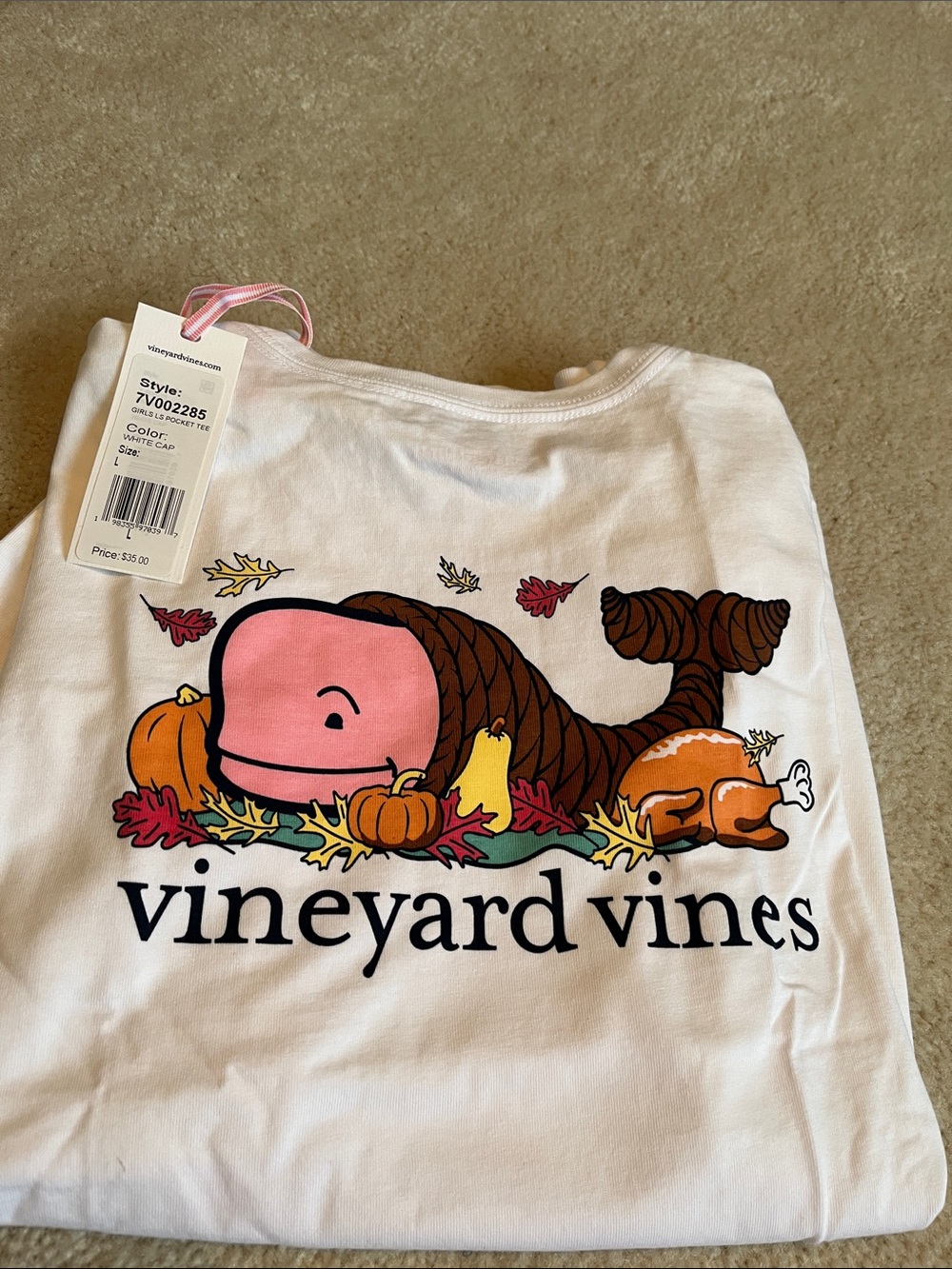 Vineyard Vines White Long-Sleeve Tee with Pink Whale & Autumn Graphic! Girls L